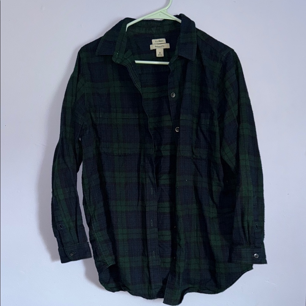 L.L. Bean Green and Black Casual Button Down flannel Shirt